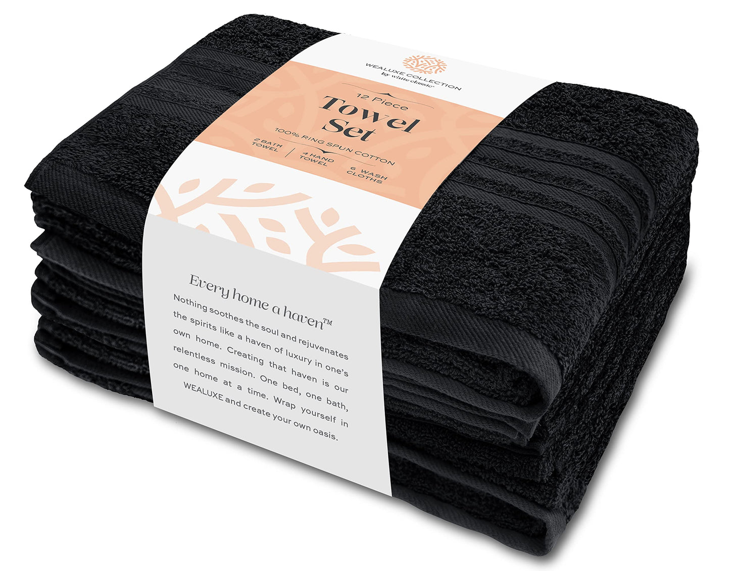 12 Piece Bath Towel Set for Bathroom - Wealuxe Collection 2 Bath Towels, 4 Hand Towels, 6 Washcloths 100% Cotton Soft and Plush Highly Absorbent, Soft Towel for Hotel & Spa - Black