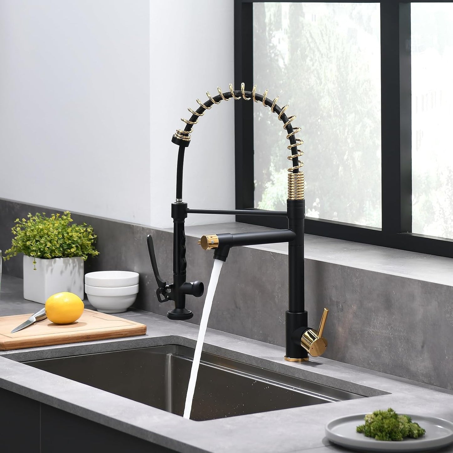 Black&Gold Kitchen Faucet with Sprayer,Commercial Pull down Kitchen Faucet for Kitchen Sink