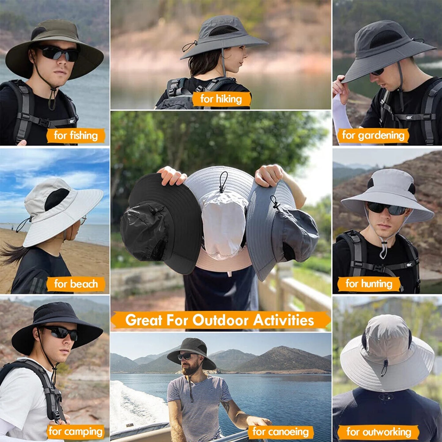 Waterproof Sun UPF 50+ Bucket Hat for Men Women, UV Protection Packable Brimmed Boonie for Fishing Hiking Outdoor Cap - Black