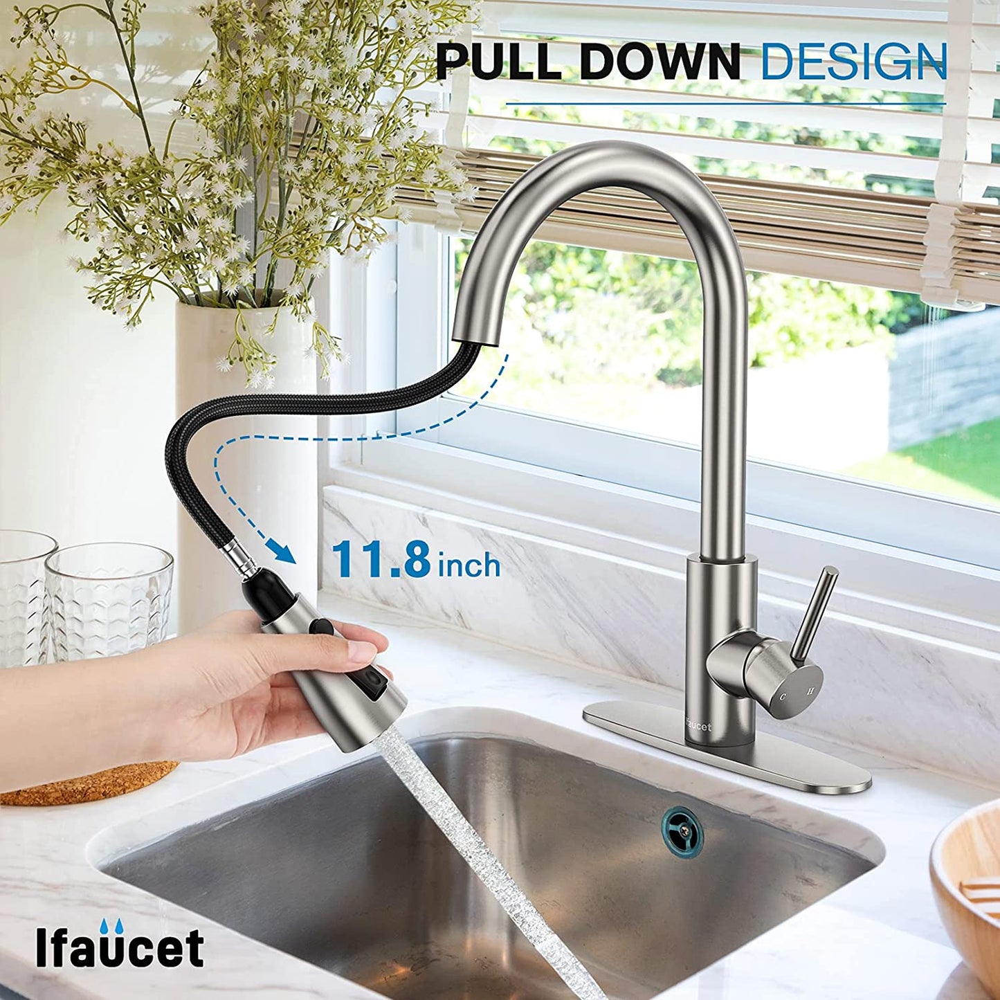 Kitchen Faucets, Kitchen Faucet with Pull down Sprayer, High Arc Single Handle Kitchen Sink Faucet with Water Lines, Brushed Nickel Kitchen Faucet with Sprayer, RV Sink Faucets