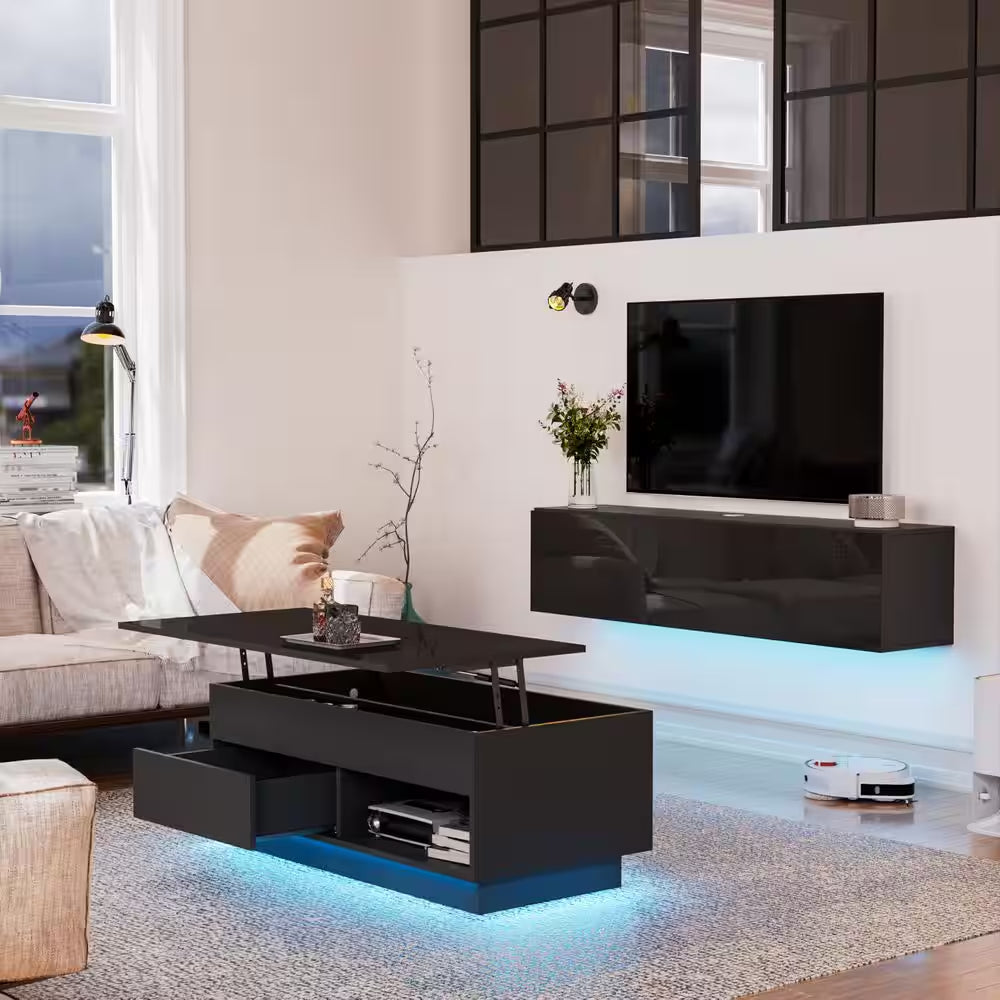 40.16 In. Black Rectangle Particle Board Lift Top Coffee Table with RGB LED Light and Hidden Compartment
