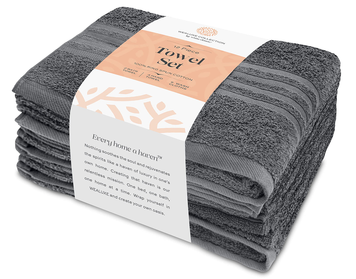 12 Piece Bath Towel Set for Bathroom - Wealuxe Collection 2 Bath Towels, 4 Hand Towels, 6 Washcloths 100% Cotton Soft and Plush Highly Absorbent, Soft Towel for Hotel & Spa - Gray