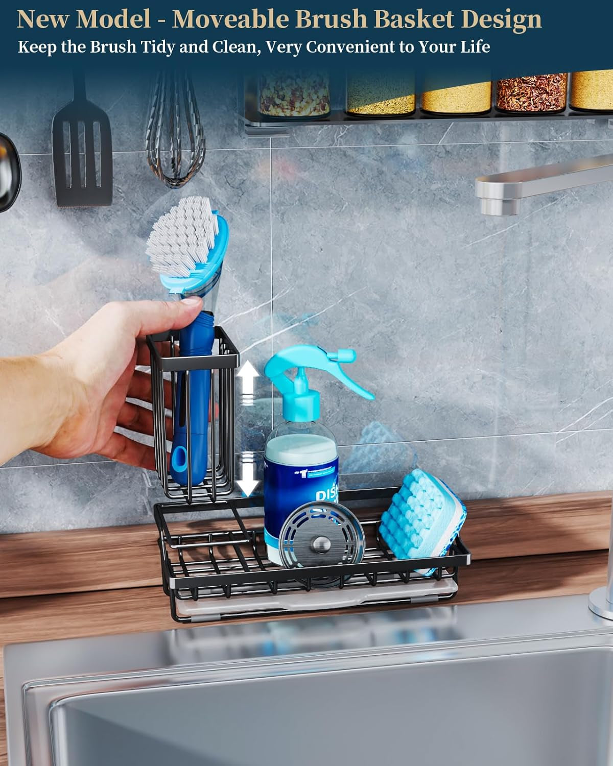 Sponge Holder for Kitchen Sink – Black Stainless Steel Caddy Organizer with Removable Drip Tray for Sponges, Brushes & Soap