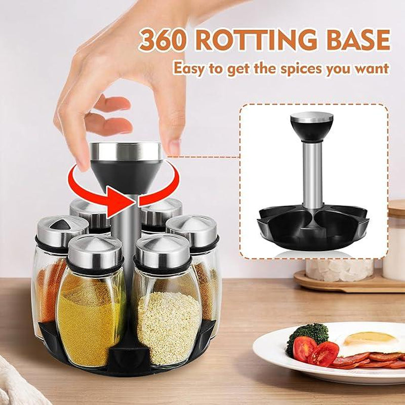 Double Layer Rotating Spice Rack360°Spice Rack Organizer Revolving Spice Rack,- Rotating Holder with 12 Glass Bottles Kitchen Seasoning Organizer Storage Canister Plastic Stainless