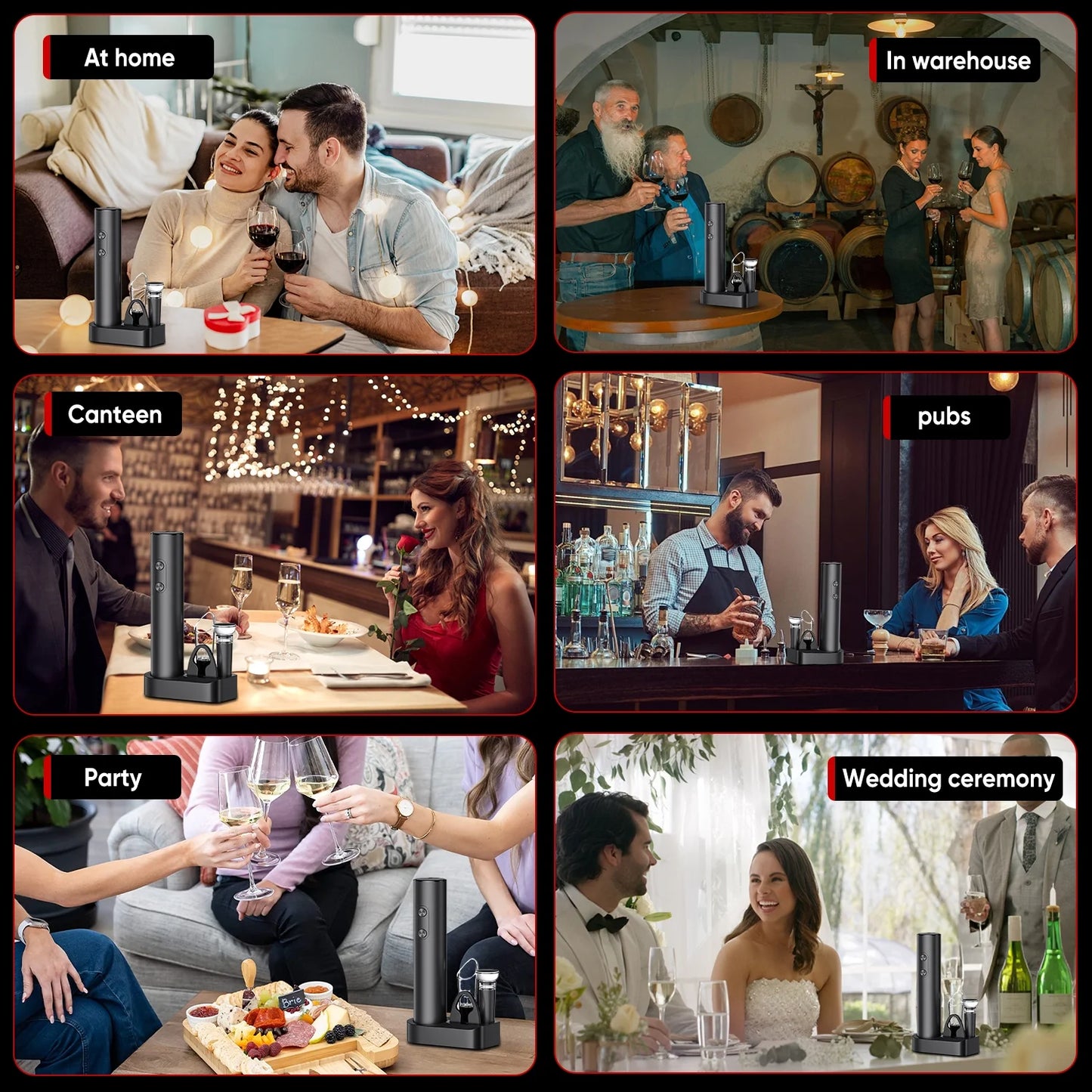 Electric Wine Opener 5-In-1,Automatic Battery Operated Bottle Corkscrew Set with Base, Foil Cutter,Pour,Vacuum Stopper,Cordless, Black