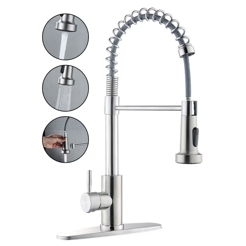 Kitchen Sink Faucet, Kitchen Faucets with Pull down Sprayer Stainless Steel Single Handle Single Hole Brushed Nickel Commercial Industrial Spring Pull Out Laundry Farmhouse Kitchen Faucet