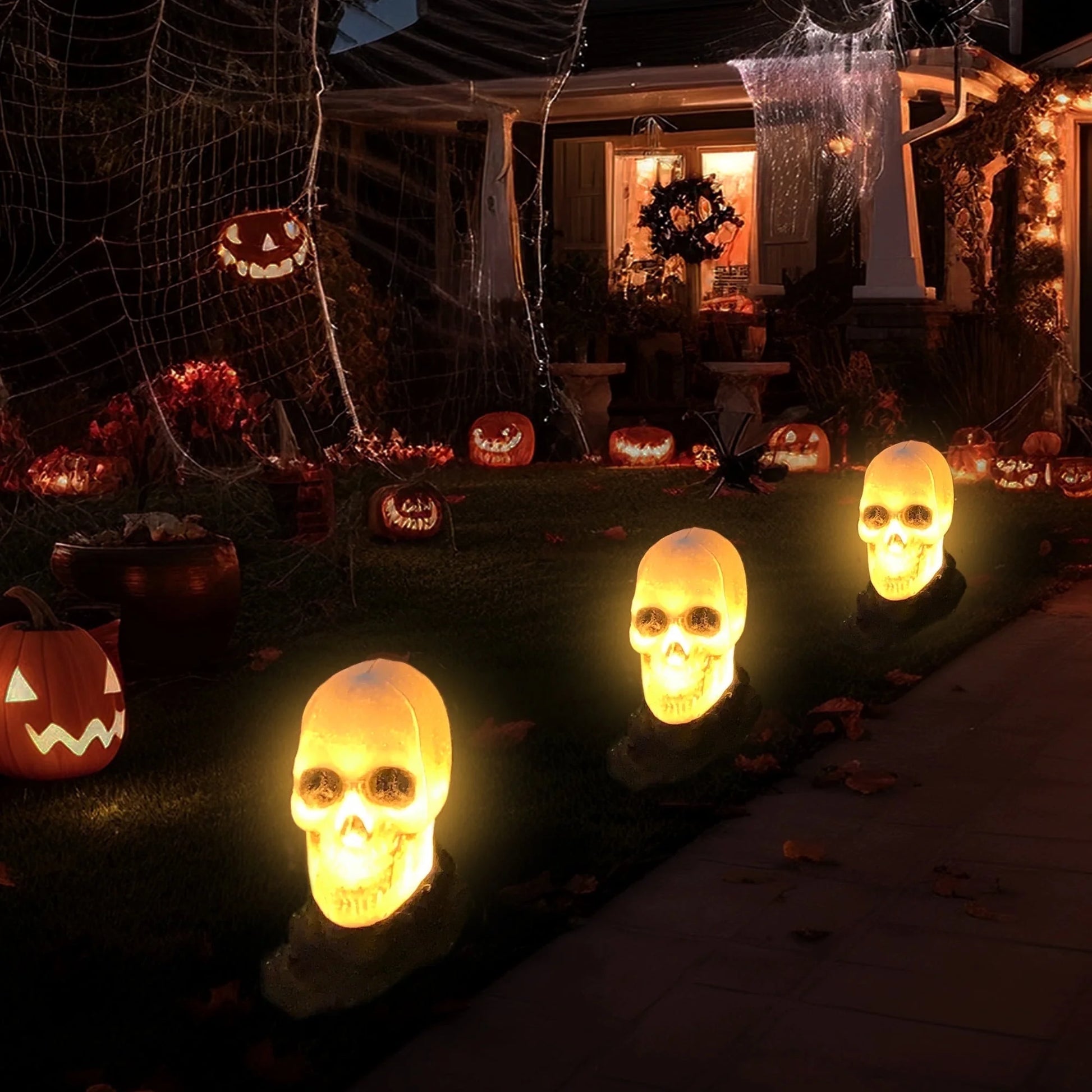 3 Pack Halloween Light up Skeleton Outdoor Decorations,Halloween Graveyard Spooky Skull Stakes Pathway Lights for Halloween Yard Decor