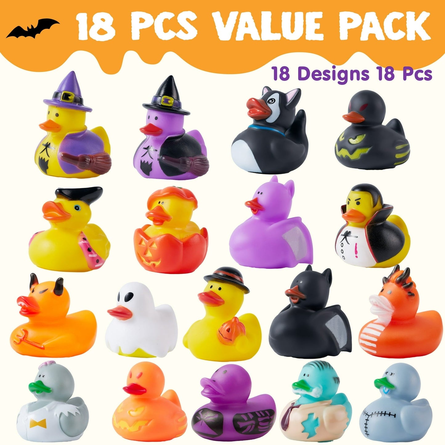 18 Pcs Halloween Rubber Ducks, Mini Duckies Bathtub, Halloween Jeep Ducks