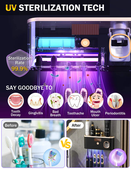 UV Toothbrush Sanitizer Wall Mounted with Toothpaste Dispenser, Large Capacity Tray, Tooth Brushing Holder & Bathroom Accessories