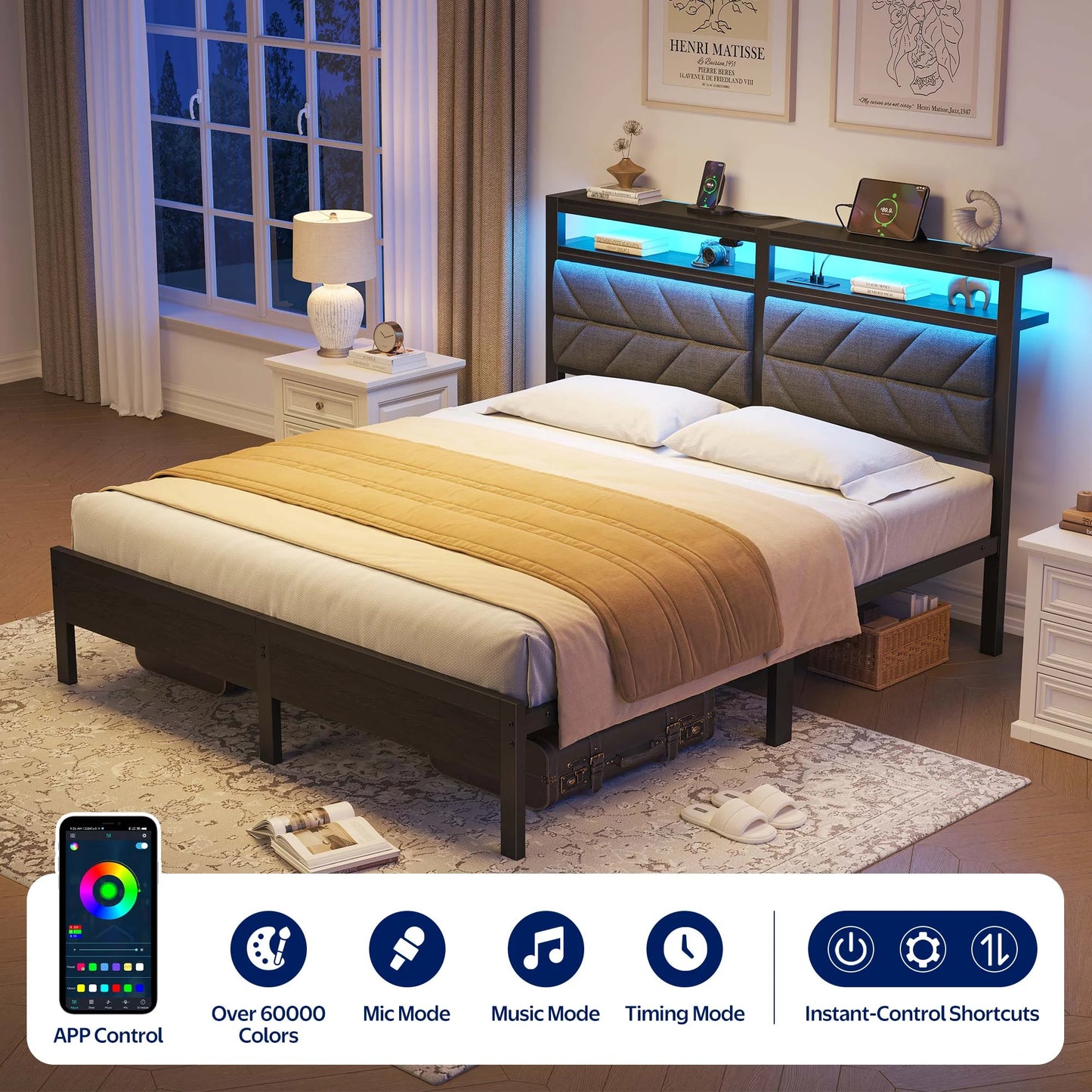 Full LED Bed Frame with Headboard Storage - Charging Station, Dark Gray