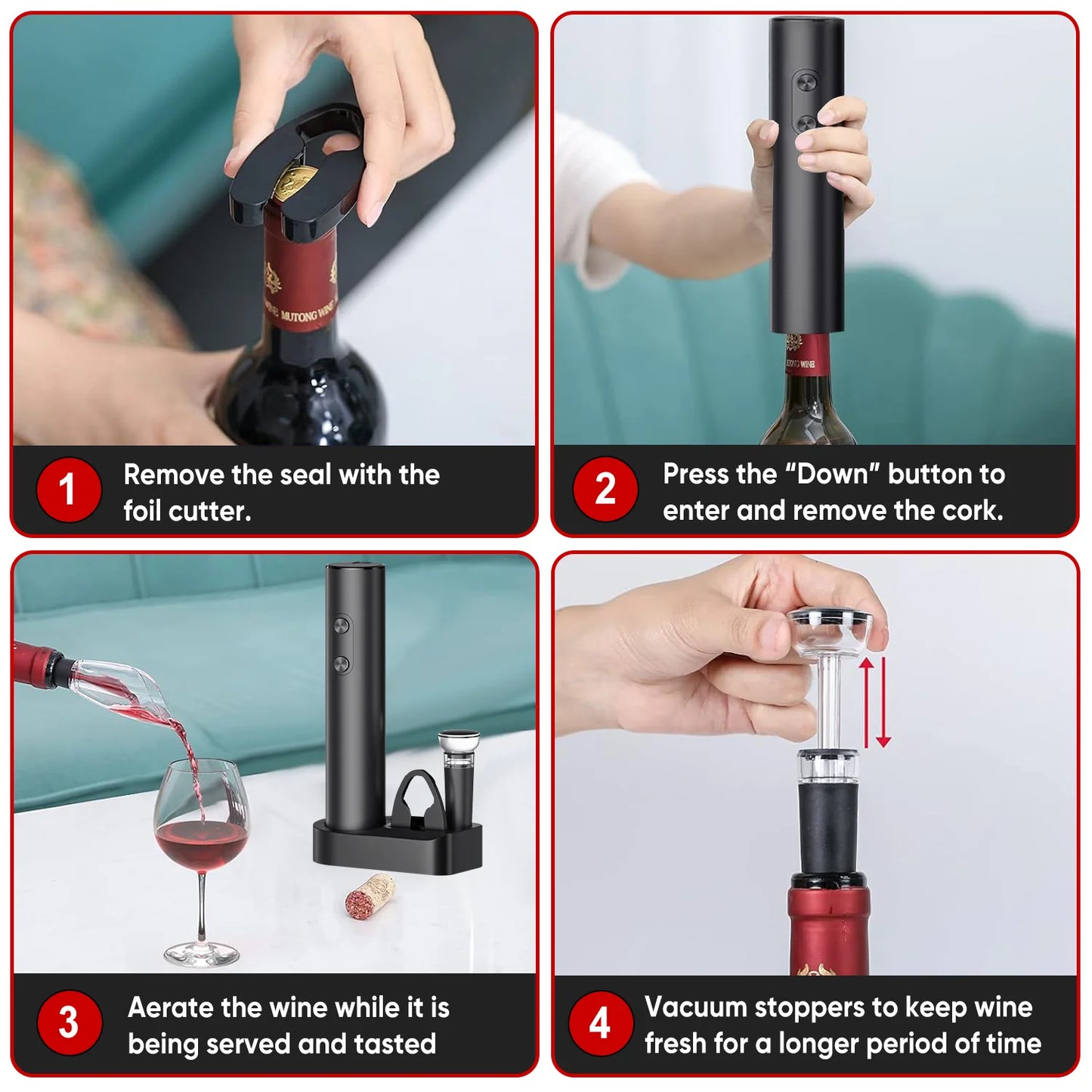 Electric Wine Opener 5-In-1,Automatic Battery Operated Bottle Corkscrew Set with Base, Foil Cutter,Pour,Vacuum Stopper,Cordless, Black