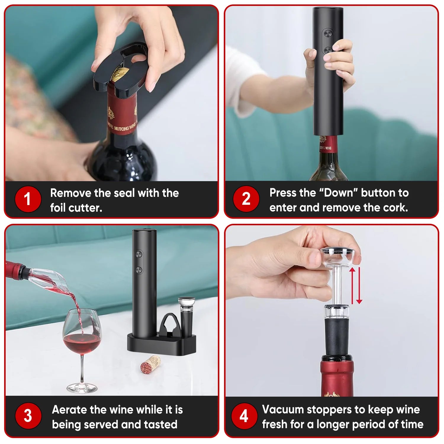 Electric Wine Opener 5-In-1,Automatic Battery Operated Bottle Corkscrew Set with Base, Foil Cutter,Pour,Vacuum Stopper,Cordless, Black