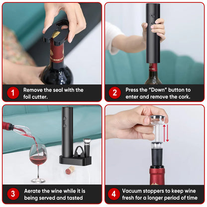 Electric Wine Opener 5-In-1,Automatic Battery Operated Bottle Corkscrew Set with Base, Foil Cutter,Pour,Vacuum Stopper,Cordless, Black