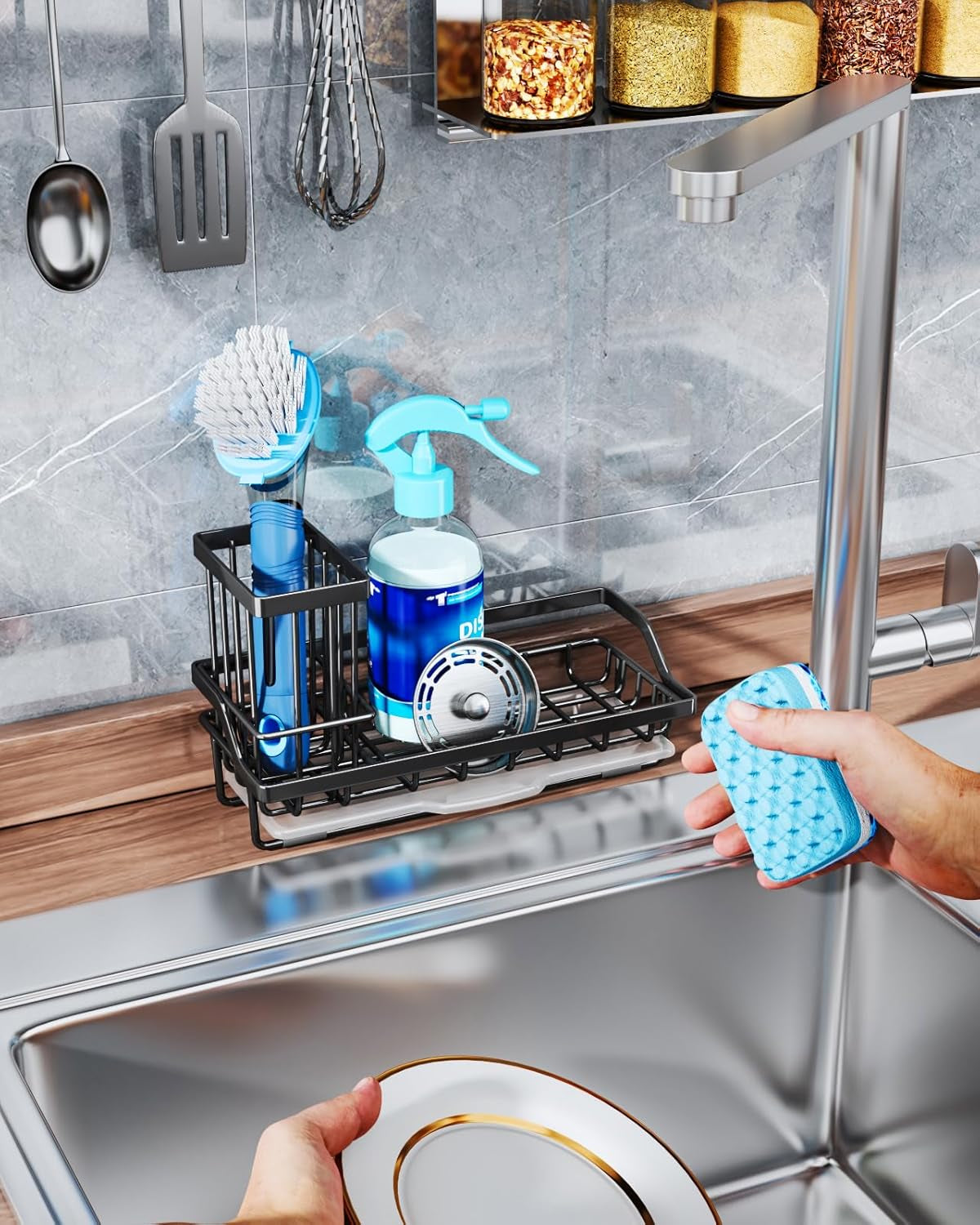 Sponge Holder for Kitchen Sink – Black Stainless Steel Caddy Organizer with Removable Drip Tray for Sponges, Brushes & Soap