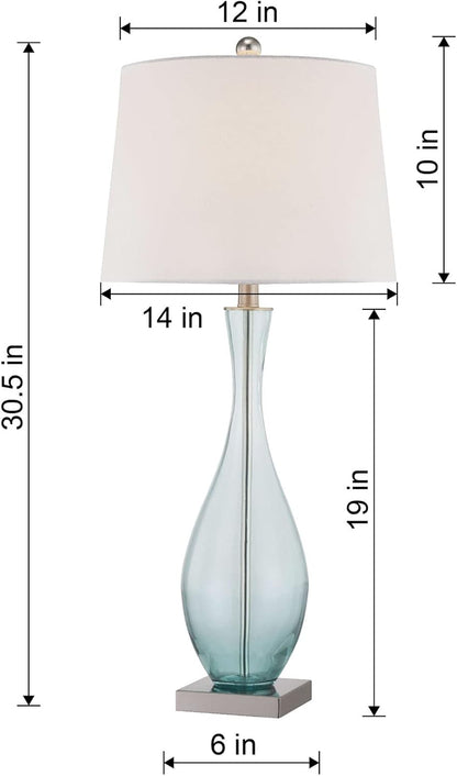 31" Coastal Glass Table Lamps Set of 2 for Living Room, Blue Bedside Lamp with USB Ports Modern Glass Bedroom Lamps with White Fabric Drum Shade for Nightstand