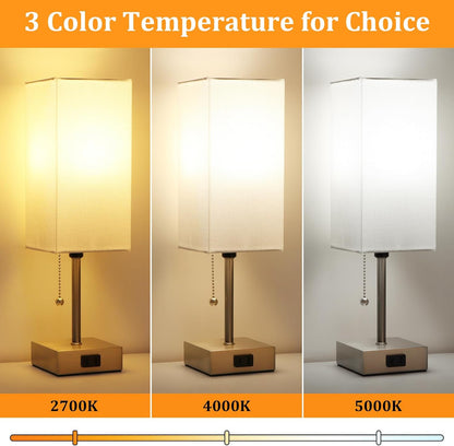 Touch Control Bedside Lamp, 3 Way Dimmable Nightstand Lamp with 2 USB Ports & AC Outlet, Modern Style, White Fabric Shade