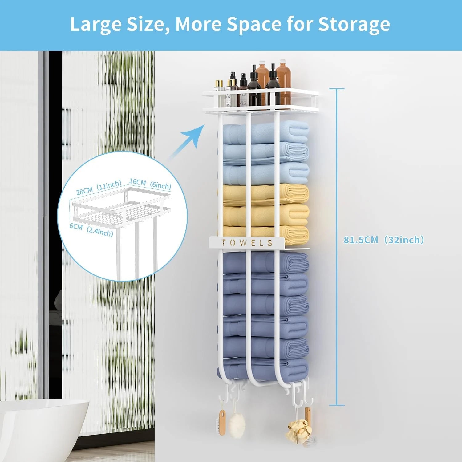 Wall Towel Rack for Rolled Towels, New Upgrade Towel Racks for Bathroom Wall Mounted, Bathroom Bar Towel Storage, Metal Bath Towel Holder for Bathroom Wall Mounted, White