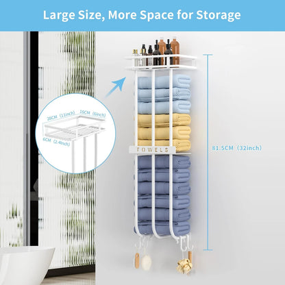 Wall Towel Rack for Rolled Towels, New Upgrade Towel Racks for Bathroom Wall Mounted, Bathroom Bar Towel Storage, Metal Bath Towel Holder for Bathroom Wall Mounted, White