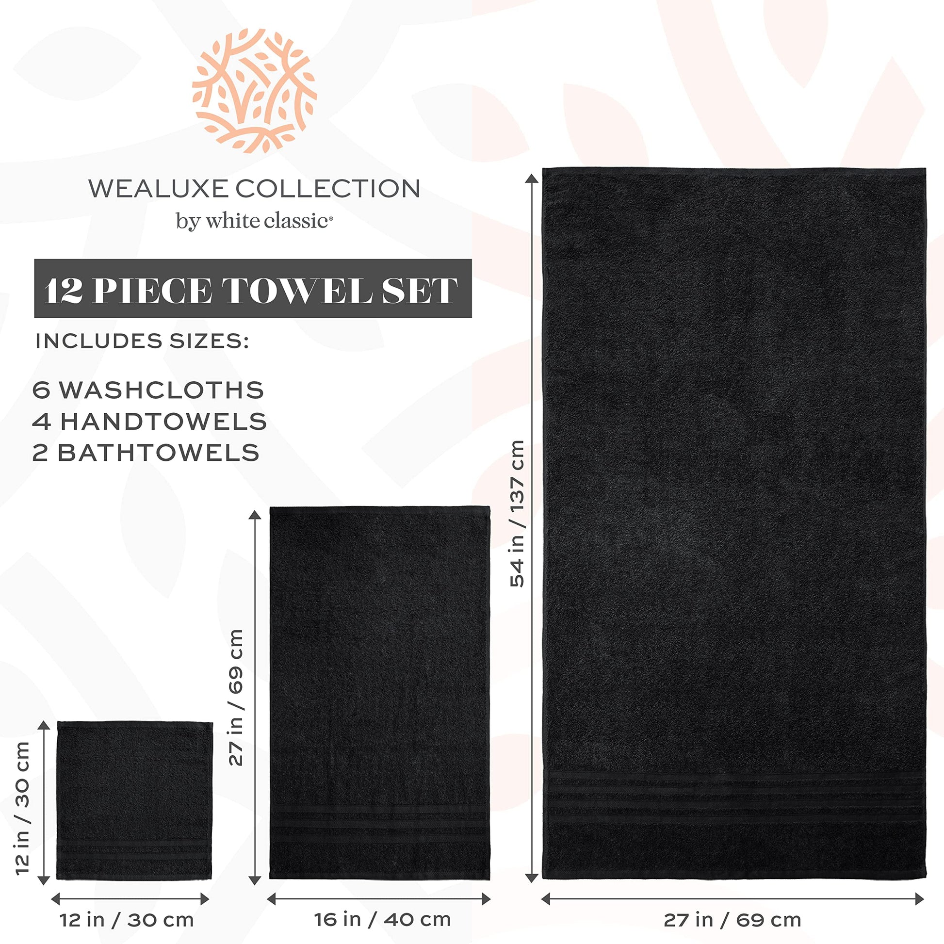 12 Piece Bath Towel Set for Bathroom - Wealuxe Collection 2 Bath Towels, 4 Hand Towels, 6 Washcloths 100% Cotton Soft and Plush Highly Absorbent, Soft Towel for Hotel & Spa - Black
