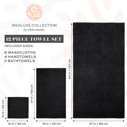 12 Piece Bath Towel Set for Bathroom - Wealuxe Collection 2 Bath Towels, 4 Hand Towels, 6 Washcloths 100% Cotton Soft and Plush Highly Absorbent, Soft Towel for Hotel & Spa - Black