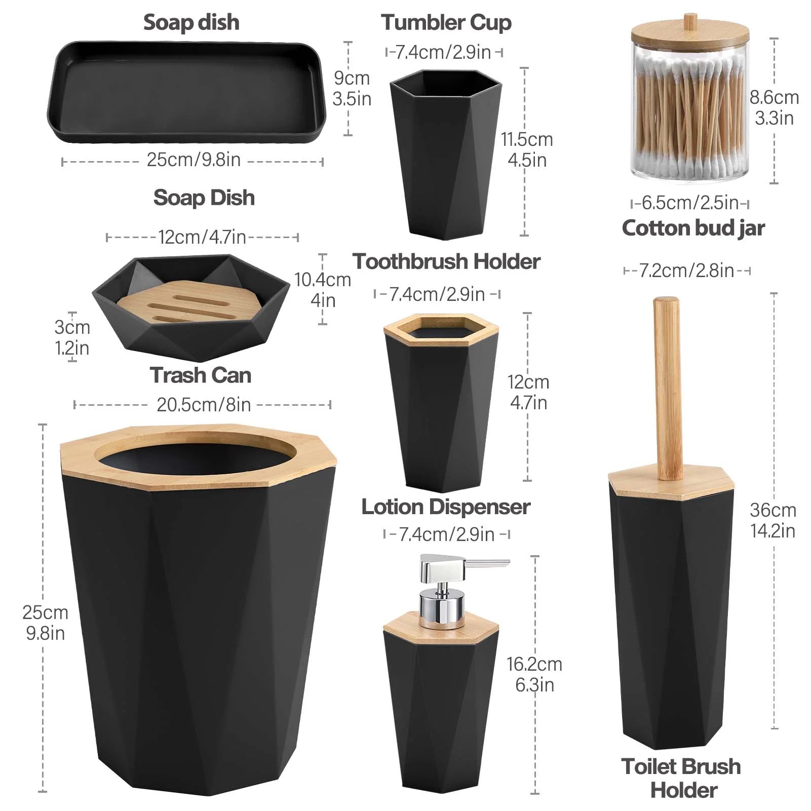 8Pcs Black Bathroom Accessories Set, Bamboo & Plastic, Ideal for Small Spaces