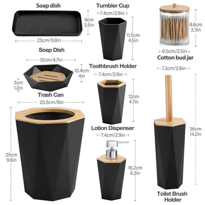 8Pcs Black Bathroom Accessories Set, Bamboo & Plastic, Ideal for Small Spaces