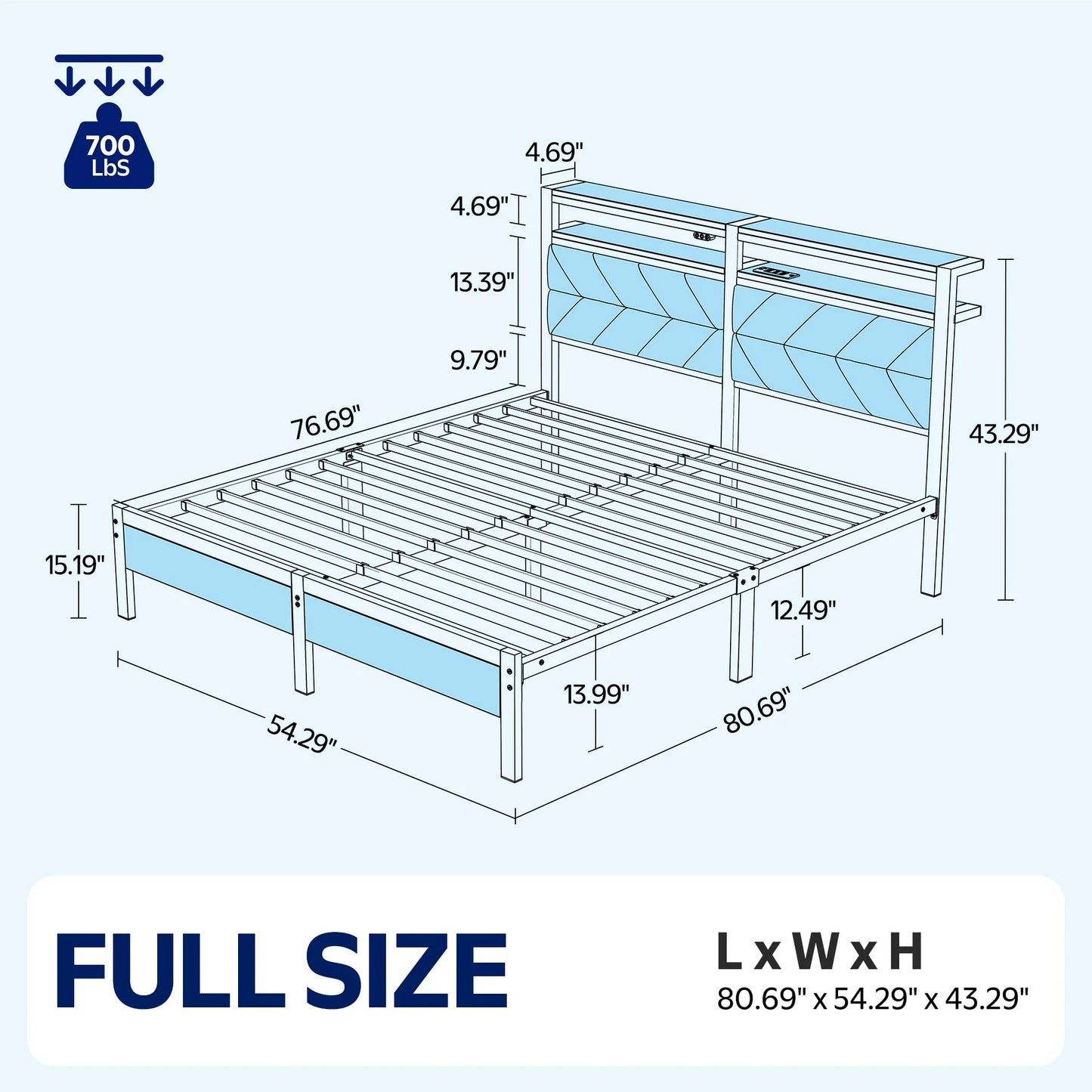 Full LED Bed Frame with Headboard Storage - Charging Station, Dark Gray