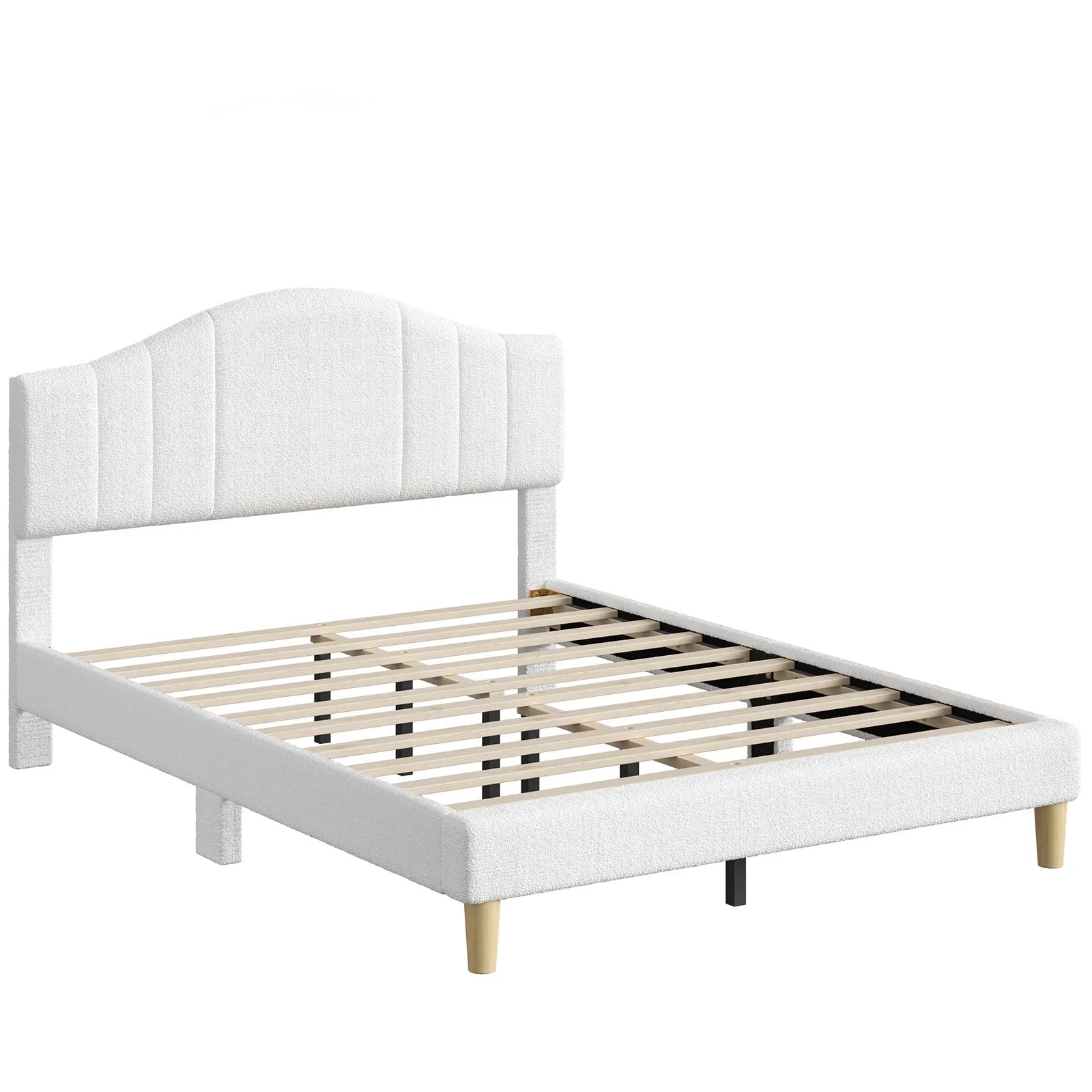 Queen Upholstered Bed Frame with Adjustable Arc-Shaped Headboard, LED Platform Bed, Teddy Velvet White