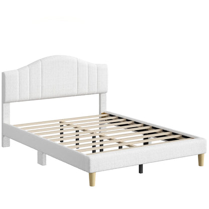 Queen Upholstered Bed Frame with Adjustable Arc-Shaped Headboard, LED Platform Bed, Teddy Velvet White
