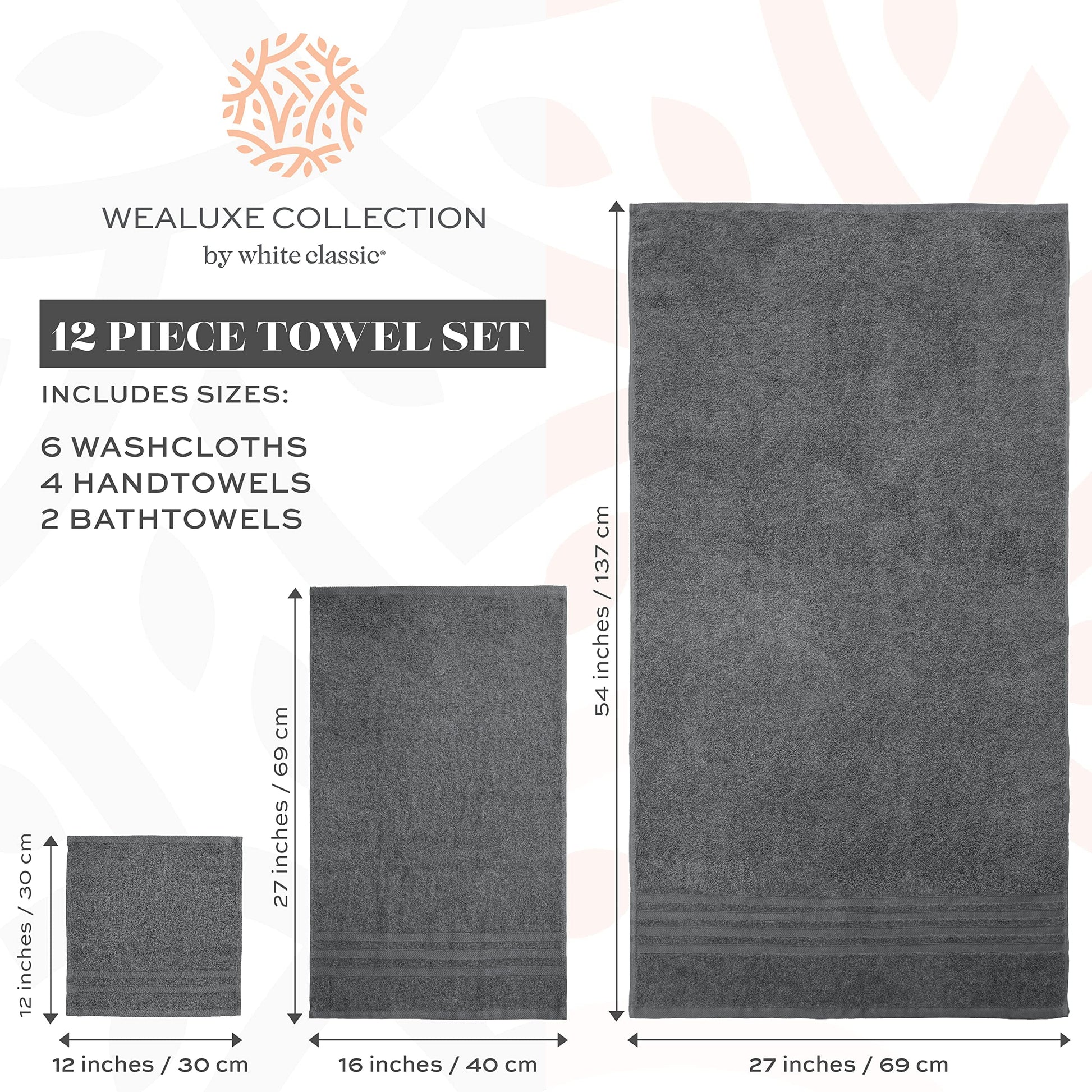 12 Piece Bath Towel Set for Bathroom - Wealuxe Collection 2 Bath Towels, 4 Hand Towels, 6 Washcloths 100% Cotton Soft and Plush Highly Absorbent, Soft Towel for Hotel & Spa - Gray