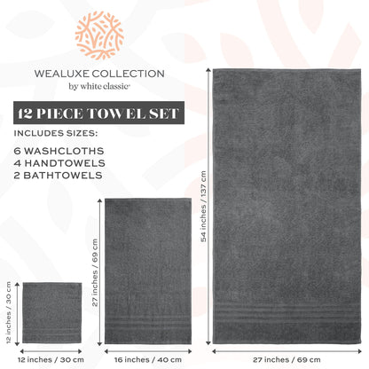 12 Piece Bath Towel Set for Bathroom - Wealuxe Collection 2 Bath Towels, 4 Hand Towels, 6 Washcloths 100% Cotton Soft and Plush Highly Absorbent, Soft Towel for Hotel & Spa - Gray