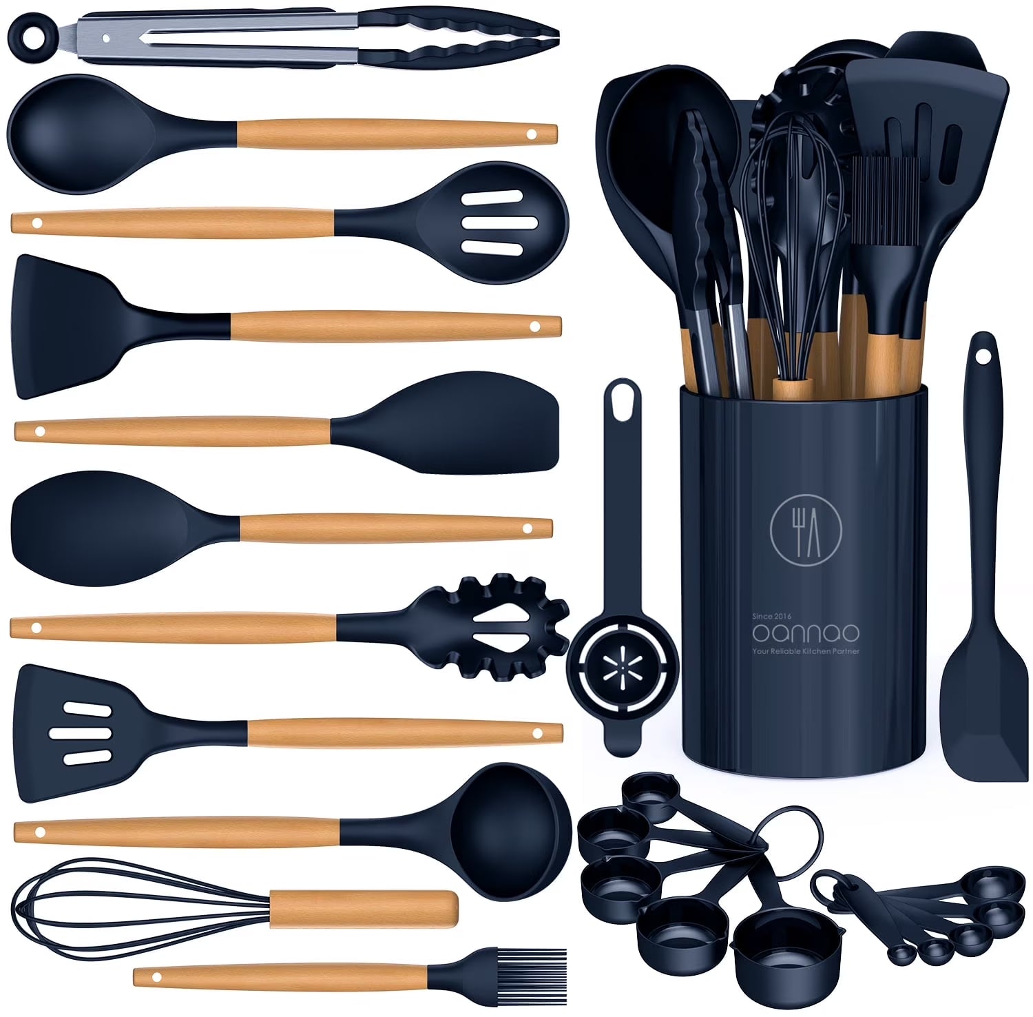 Silicone Cooking Utensils Set - Silicone Kitchen Utensils for Cooking Wooden Handles, 446°F Heat Resistant Kitchen Utensil Spatula Sets W Holder, Gadgets for Non-Stick Cookware BPA FREE (Black)