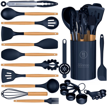 Silicone Cooking Utensils Set - Silicone Kitchen Utensils for Cooking Wooden Handles, 446°F Heat Resistant Kitchen Utensil Spatula Sets W Holder, Gadgets for Non-Stick Cookware BPA FREE (Black)