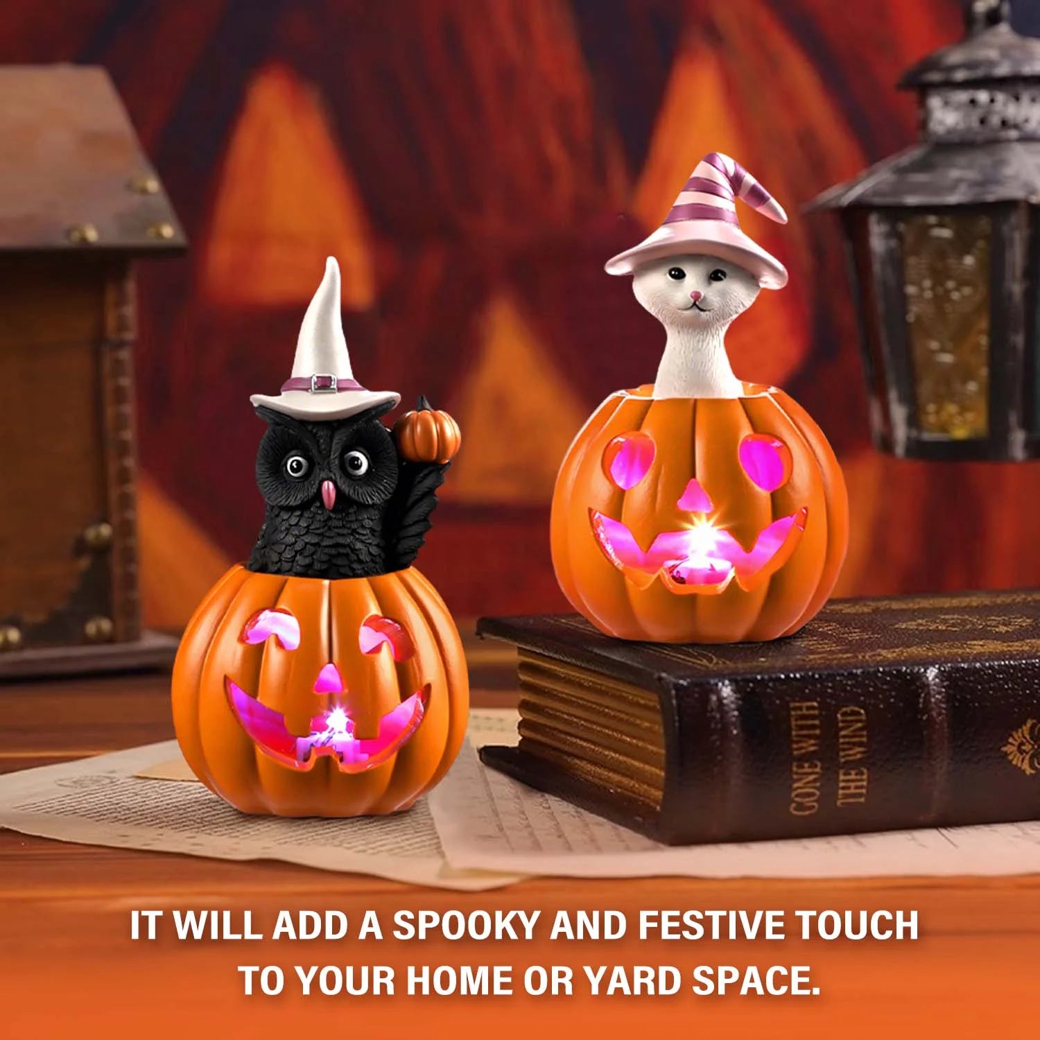 Halloween Figurines Set of 2, Cat and Owl on Pumpkin Decor with LED Lights for Halloween Decorations Indoor