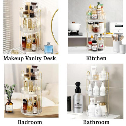 360 Rotating Makeup Organizer , Countertop 3/2 Tier Bathroom Organizer Spinning Perfumes Organizers, Skincare Organizers Makeup Carousel Cosmetic Brush Storage for Vanity, Countertop, Gold