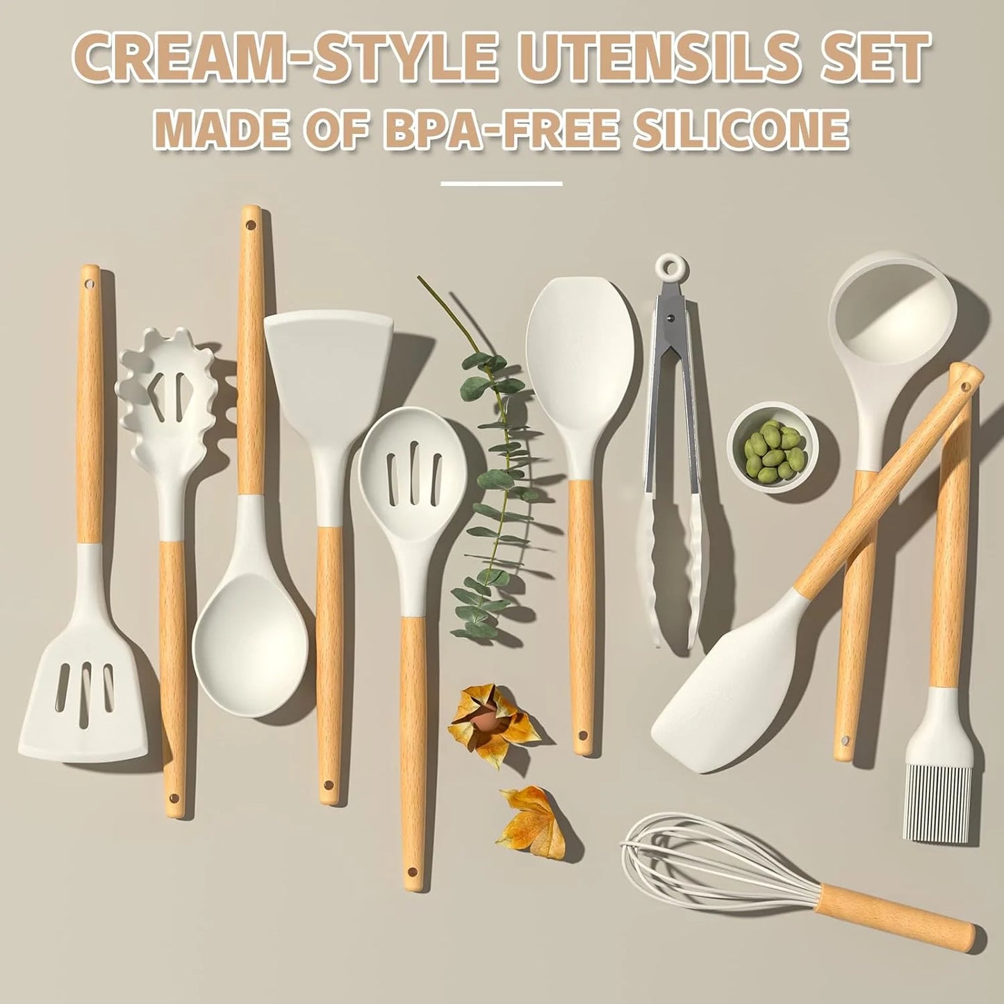 Kitchen Cooking Utensils Set, 33 Pcs Non-Stick Silicone Cooking Kitchen Utensils Spatula Set with Holder, Wooden Handle Silicone Kitchen Gadgets Utensil Set (Cream White)