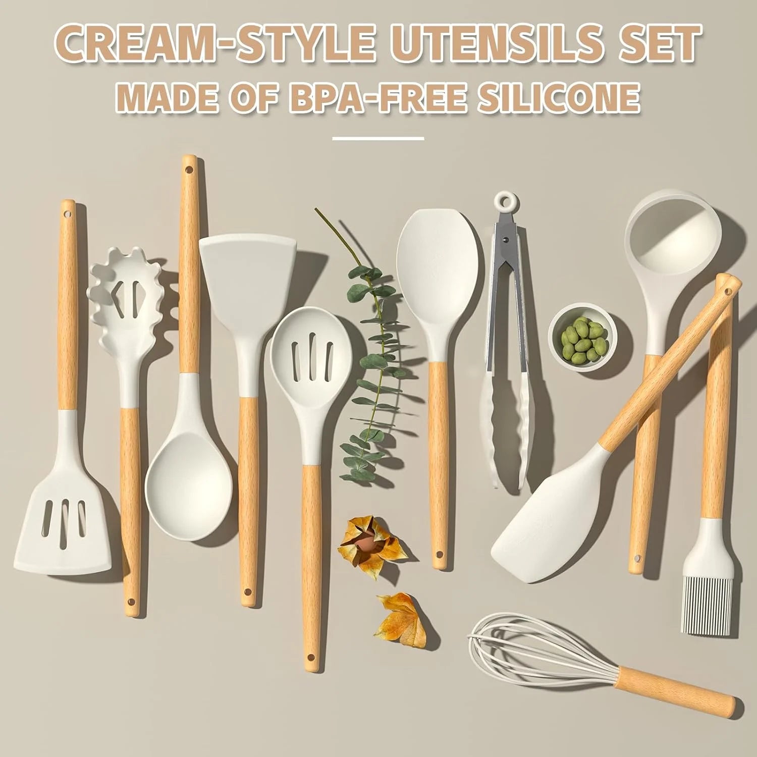 Kitchen Cooking Utensils Set, 33 Pcs Non-Stick Silicone Cooking Kitchen Utensils Spatula Set with Holder, Wooden Handle Silicone Kitchen Gadgets Utensil Set (Cream White)