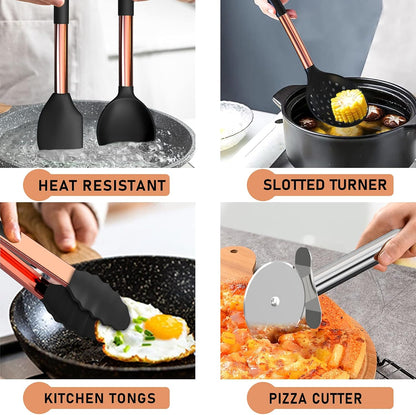 Silicone Cooking Utensil Set,  Kitchen Utensils with Copper Stainless Steel Handle, 26 Pcs Kitchen Spatula Set, Non-Stick Heat Resistant Silicone, Best Kitchen Gadget Tools Set - Black