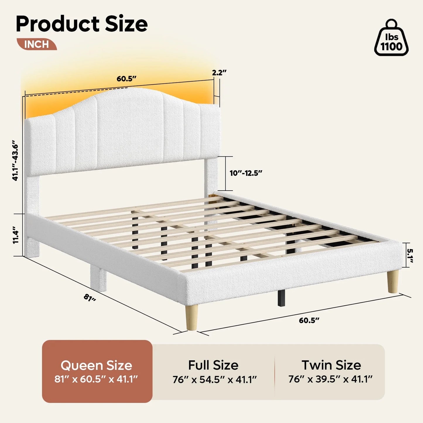 Queen Upholstered Bed Frame with Adjustable Arc-Shaped Headboard, LED Platform Bed, Teddy Velvet White