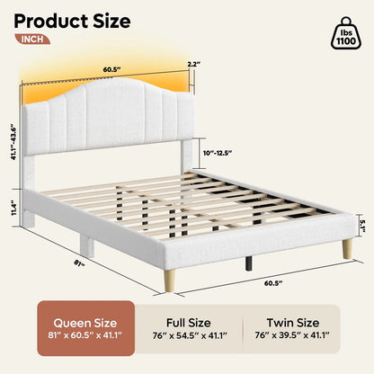 Queen Upholstered Bed Frame with Adjustable Arc-Shaped Headboard, LED Platform Bed, Teddy Velvet White