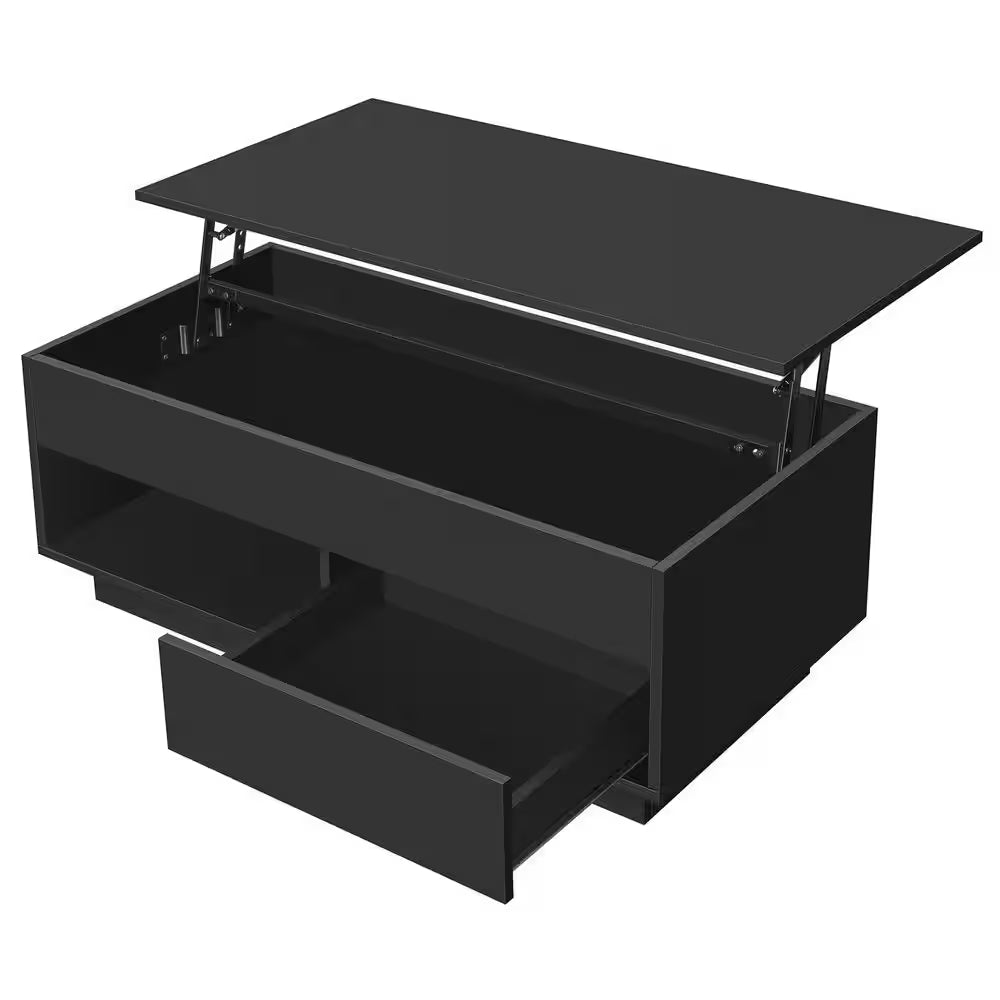 40.16 In. Black Rectangle Particle Board Lift Top Coffee Table with RGB LED Light and Hidden Compartment