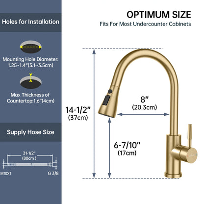 Brushed Gold 2 Hole Kitchen Faucet with Pull down 3 Modes Sprayer, Champagne Gold Kitchen Sink Faucet, High Arch Faucet Kitchen for 1 or 2 Hole Sink, Gold Kitchen Faucet with Soap Dispenser