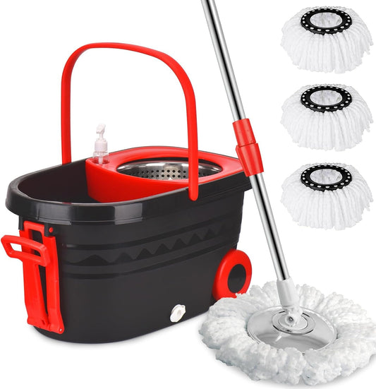 Spin Mop And Bucket With Wringer Set On Wheels, 360 Spinning Mop With Stainless Steel Handle For All Hard Surfaces, Floor Cleaning System With 3 Microfiber Replacement Heads