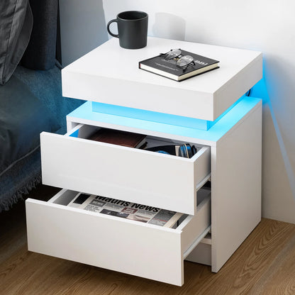 Modern LED Nightstand with 2 Drawers High Gloss Led Light Bedside Table Storage White Night Table with Lights End Side Table with Drawer for Bedroom 20.5" Tall