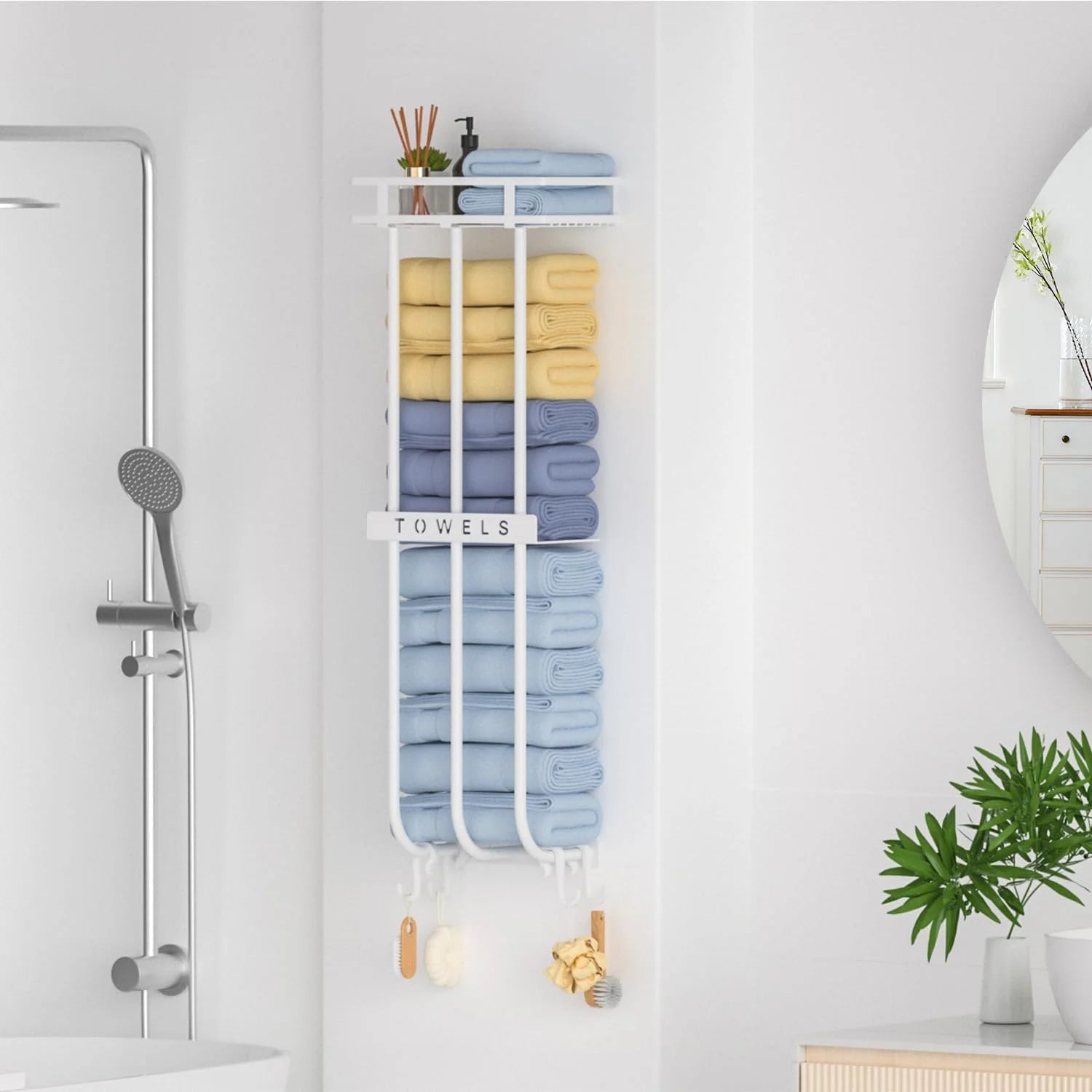 Wall Towel Rack for Rolled Towels, New Upgrade Towel Racks for Bathroom Wall Mounted, Bathroom Bar Towel Storage, Metal Bath Towel Holder for Bathroom Wall Mounted, White