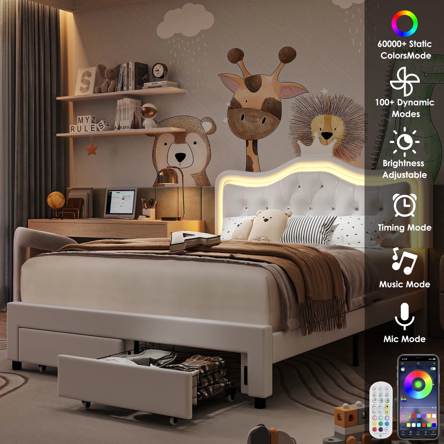 Queen Size Upholstered LED Bed with Adjustable Crystal Button Tufted Crown Headboard, Soft PU Storage Platform Bed with 2 Drawers, White