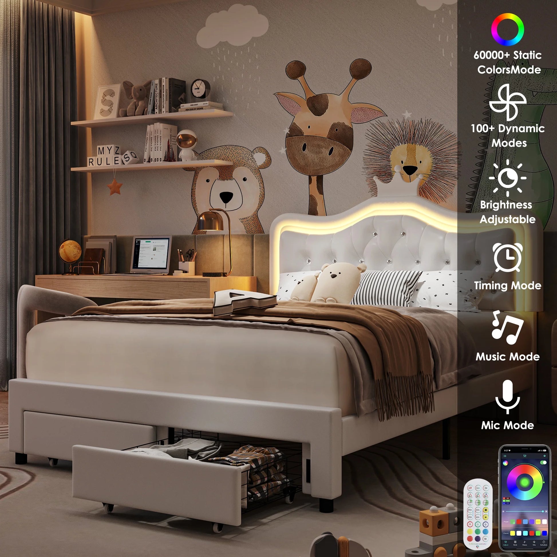 Queen Size Upholstered LED Bed with Adjustable Crystal Button Tufted Crown Headboard, Soft PU Storage Platform Bed with 2 Drawers, White