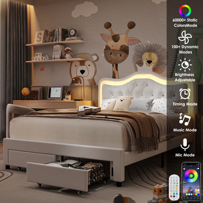 Queen Size Upholstered LED Bed with Adjustable Crystal Button Tufted Crown Headboard, Soft PU Storage Platform Bed with 2 Drawers, White