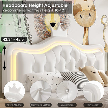Queen Size Upholstered LED Bed with Adjustable Crystal Button Tufted Crown Headboard, Soft PU Storage Platform Bed with 2 Drawers, White