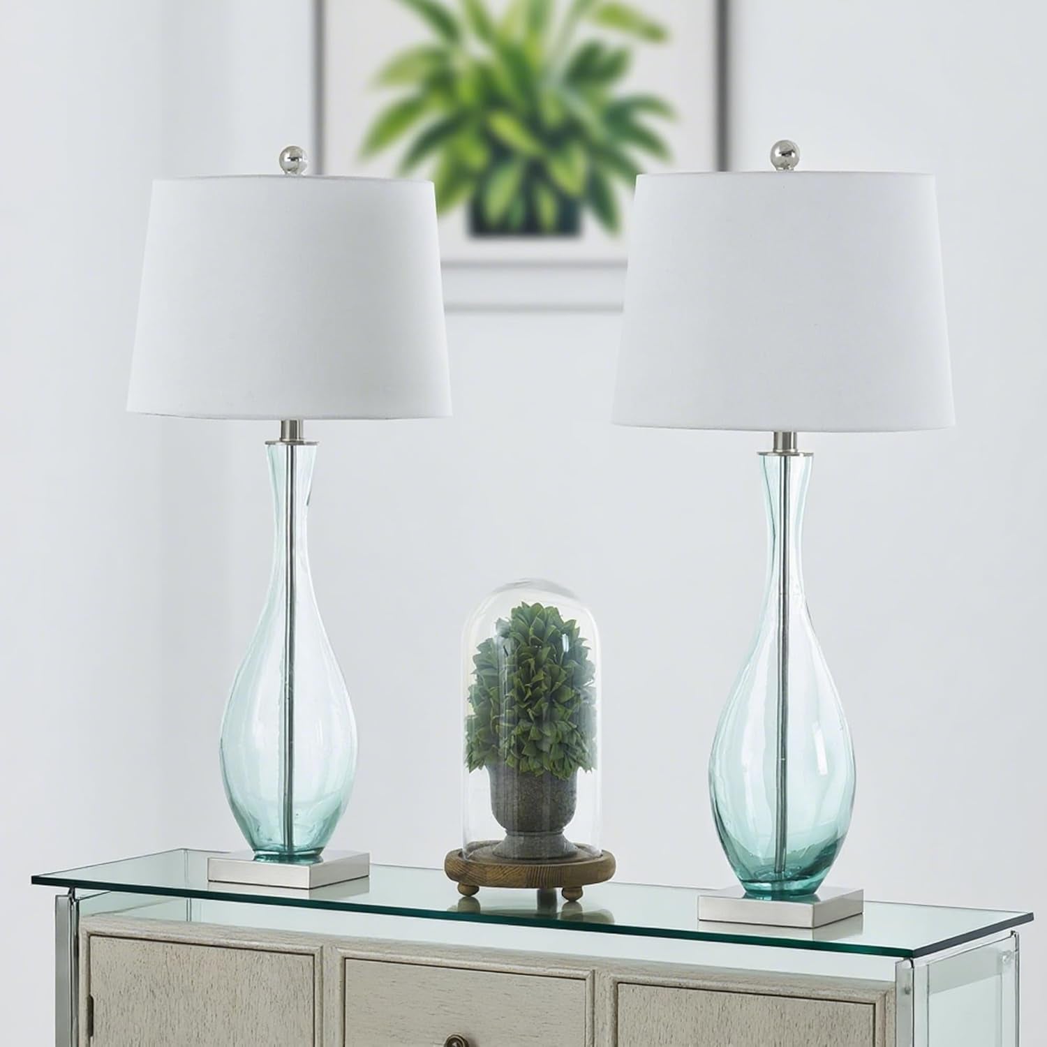 31" Coastal Glass Table Lamps Set of 2 for Living Room, Blue Bedside Lamp with USB Ports Modern Glass Bedroom Lamps with White Fabric Drum Shade for Nightstand